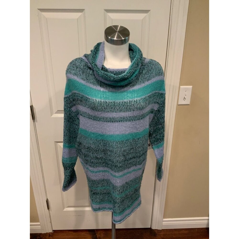 Free People Blue & Green Striped Wool Cowl Neck Sweater, Size XS
